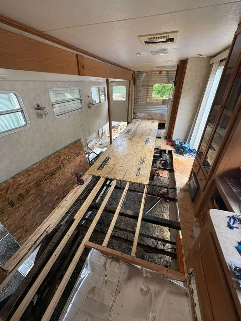 Complete floor replacement on an RV that had hidden water damage